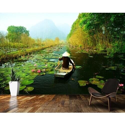 Papel de parede Boats on the lake Vietnam nature landscape 3d wallpaper,living room tv wall bedroom wall papers home decor mural