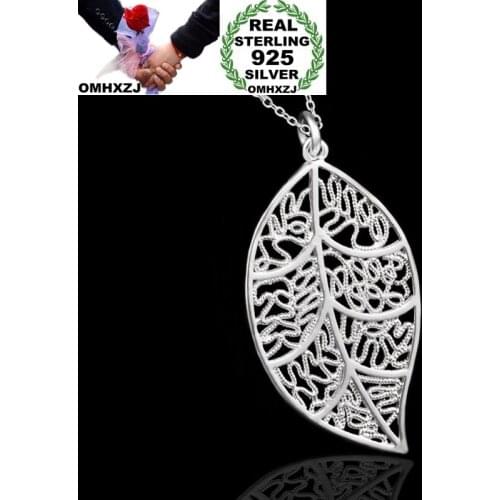 OMHXZJ Wholesale Personality Fashion OL Woman Girl Party Gift Silver Hollow Leaf 925 Sterling Silver Charm Pendant Necklace CH89