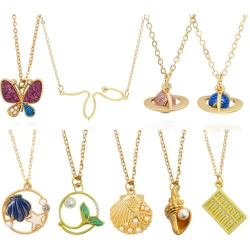 Fashion Necklace Star Planet Butterfly Conch Shell Star Mermaid Abacus Pendant Necklaces Pearl zircon Collares Jewelry Wholesale