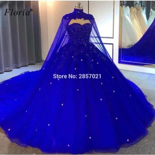 Plus Size Royal Blue Evening Dresses A-Line Crystals Celebrity Dresses With Cape Elegant Prom Dresses Party Vestidos Formales