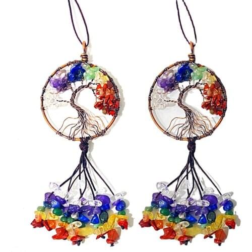 Crystal Wind Natural Crystal Stone Pendant 7 Chakra Round Tree Colorful Keychains Car Key Hanging Drop For Outdoor Indoor Garden