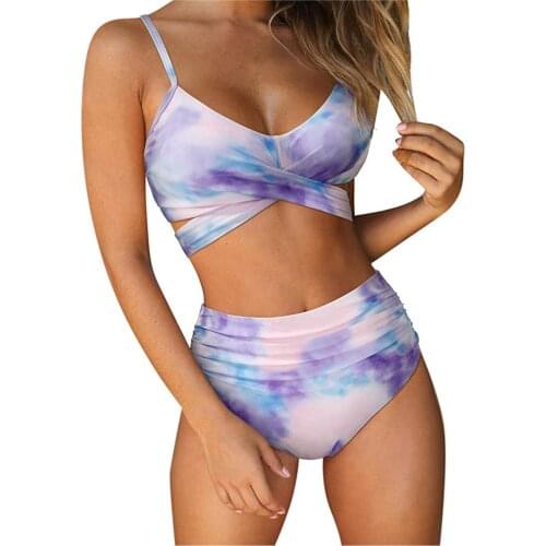 Sexy Biquini Women Bikini Tie Dye Print Cross Bandage Summer Two-piece Swimwear Swimsuit Beachwear Set stroje kapielowe damskie