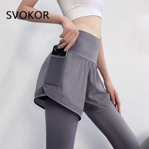 SVOKOR Sport Fitness Leggings With Side Pockets Women High Waist Gymwear Workout Fake Two-piece Legging Energy