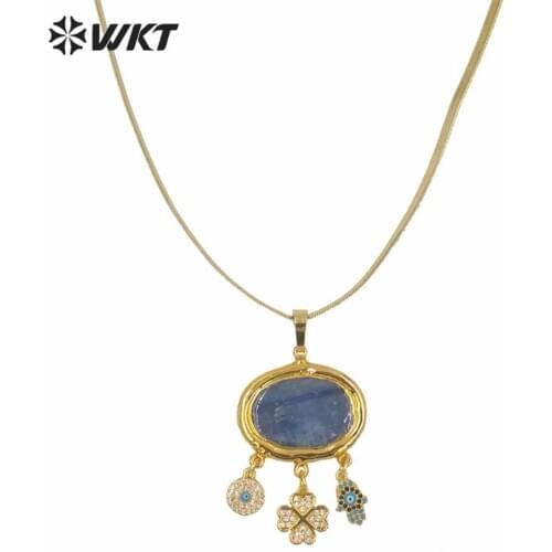 WT-N1247 Amazing women charming dangle turkey eye necklace fashion gold summer hot statement blue kyanite stone necklace