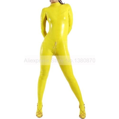 Handmade Yellow Latex Rubber Women Leotard Sexy Catsuit With Feet Socks Back Zip S-LC326