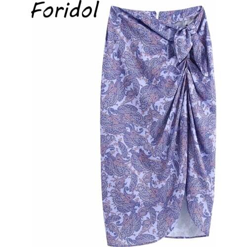 Foridol Paisley Print Purple Long Skirt Women Summer Autumn A-line Skirt High Waist Asymetrical Bowknot Boho Skirt Bottoms 2021