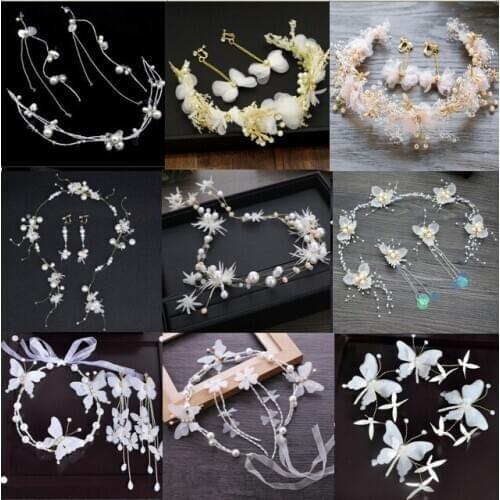 1Set New Korean Pink Foral Gold hair crystal bride headdress by hand Wedding dress accessories bridal hair jewelry +Earring Set