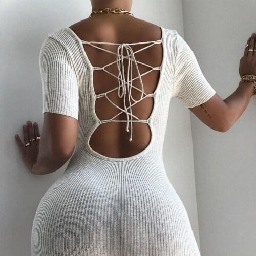 UVRCOS Knitting Rib Club Outfits For Women Skinny Rompers 2021 Summer Back Lace Up Backless Short Sleeve Square Neck Jumpsuit
