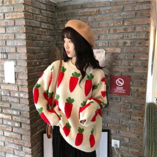 Print Knitted Sweater Women Elegant Carrot Oversized Pullovers Women Oversized Winter Loose Long Sweaters Streetwear Outerwear