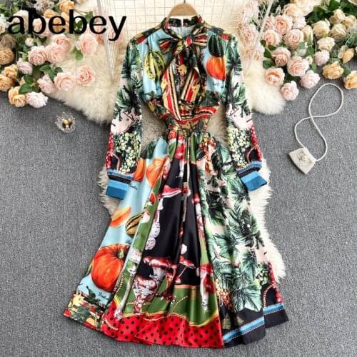 Women Floral Printed dress Bow Collar Long puff sleeve A line dresses spring Bohemian Beach Long Dress