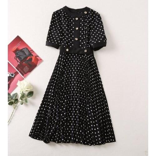 Newest Fashion Dress 2021 Autumn Women Vintage Polka Dot Print Studs Beading Deco Half Sleeve Mid-Calf Length Pleated Dress