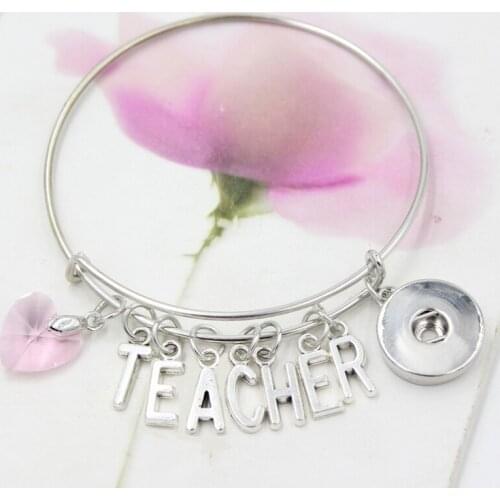 10PCS Wholesale Crystal Heart Charm Initial Letter TEACHER Expandable Wire Snap Bangle&Bracelet Jewelry For Teacher Gift Pulsera