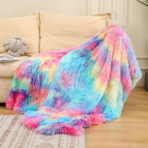 100% Polyester Furry Fluffy Doule Layer Blanket Rainbow Coloful Faux Fur Bed Cover Winter Home Decoration Tie Dye Sofa Throw