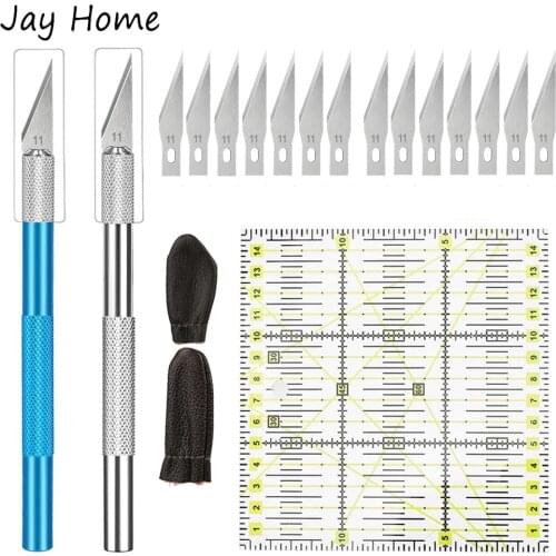 15PCS Leather Cutting Tools Precision Carving Knife & Fabric Patchwork Ruler & Leather Finger Protectors Quilting Sewing Craft