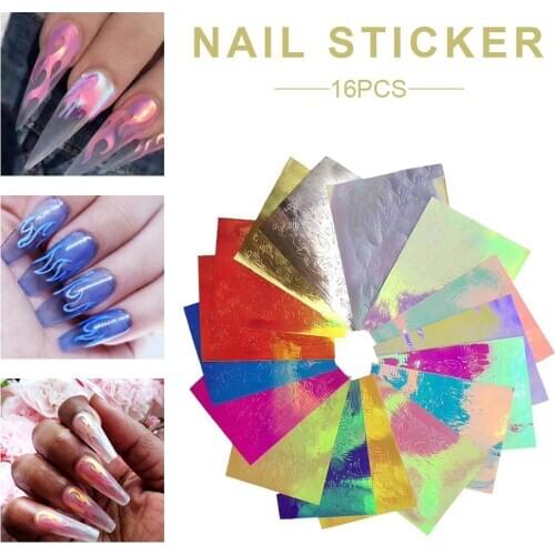 16pcs Fire Nail Holographic Strip Tape Nail Art Stickers Thin Laser Silver Stripe Sticker DIY Foil Decal Sticker
