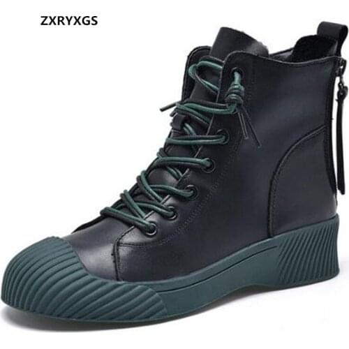 2021 Autumn 100% Natural Genuine Leather Vulcanize Shoes Women Sneakers Ankle Boots Singel Comfort Martin Boots Trend Shoe Boot