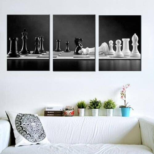 3 Panel Modern Black and White Chess Board Canvas Wall Art Poster Prints Checkmate Move on Chessboard Pictures Still Life Painti