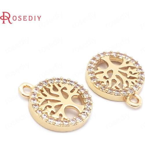38554)6PCS 12.5x10.5MM 24K Champagne Gold Color Brass and Zircon Round Tree Charms Pendants Jewelry Making Supplies Findings