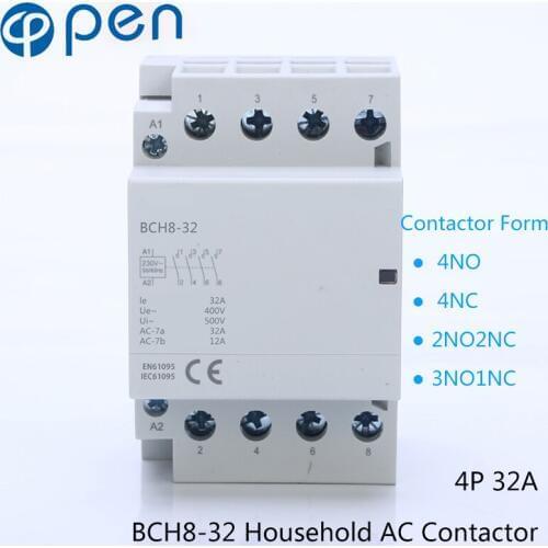 BCH8-32 Series 4P 32A Auto Operation AC Household Contactor 230V/250V 50/60Hz Contact 4NO/2NO+2NC/3NO+1NC/4NC Din Rail Contactor