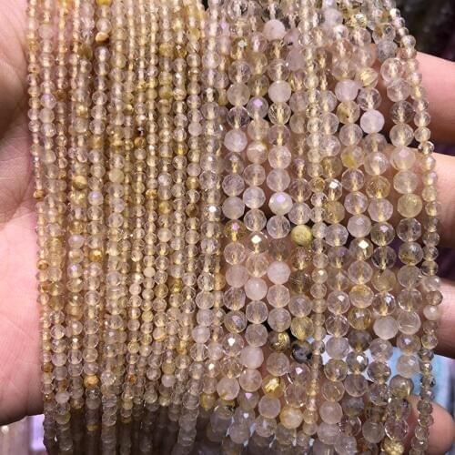 Natural Golden Rutilated Quartz Beads,2mm,3mm,4mm Faceted Round Tiny Spacer beads ,Gem stone faceted seed beads,15.5"/string