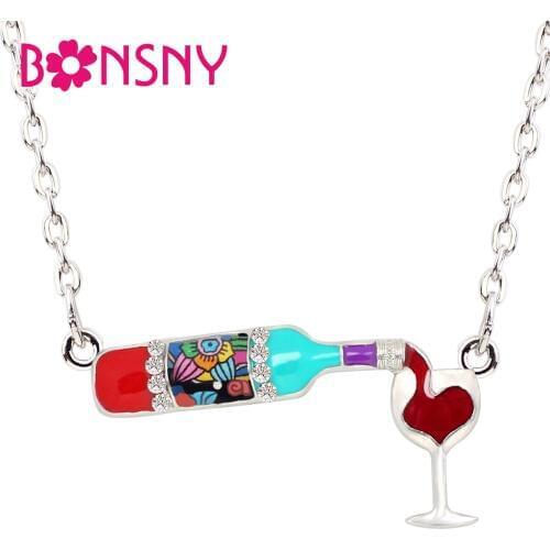 Bonsny Enamel Alloy Rhinestone Red Wine Bottle Heart Necklace Pendant Chain Choker Novelty Hot Jewelry For Women Girls Teen Gift
