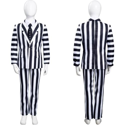 Kids Beetlejuice Cosplay Costume Striped Uniform Outfits Top+Pants Halloween Carnival Suit