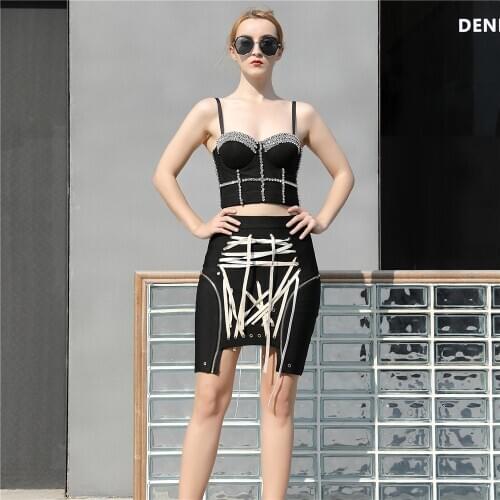 Women Two Piece Set Spaghetti Strap Bra Crop Top Bandage Skirt Party Clubwear Elegant 2 Piece Sets 2021 New Spring SummerOutfits