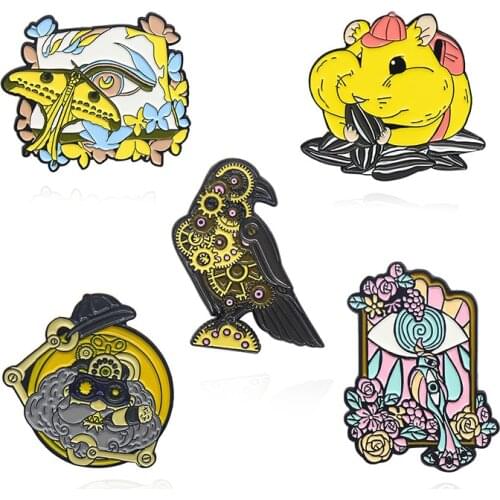 Chinchilla sunflower seeds Enamel Brooch Mechanical bird Boiler grandfather Lapel Pin Peacock mirror butterfly side face badge