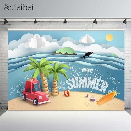 Summer Tropical Beach Backdrop Seaside Island Palm Trees Photography Background for Picture Blue Sea Sky Sunshine Photo Booth