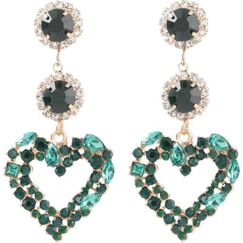 HYSECMAO 2021 Luxury Shiny Green Color Rhinestone Drop Earrings New Design Long Heart Hanging Earring Statement Jewelry Bijoux
