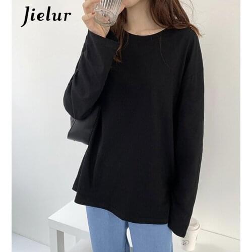 Jielur Black Blue T-shirt Women Korean Clothes Cotton T shirts Fall Casual Loose Bottoming Shirt Basic Top Female S-XL 5 Colors