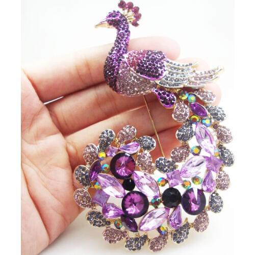 Classic Luxury Peacock Bird Gold Tone Brooch Pin Purple Rhinestone Crystal