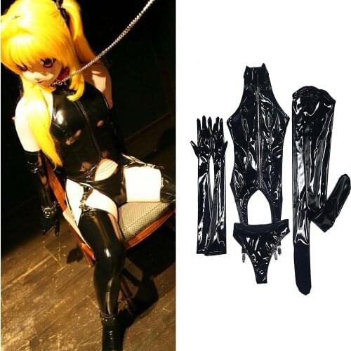 Black 4pcs/set Plus Size PVC Catsuit Cosplay Anime Maid Costume Wetlook Porno Lingerie Body Sexy Hot Erotic Bodysuit Teddies