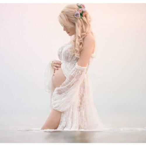 Lace Maternity Dresses Ruffles Slit Front Pregnancy Photography Gown Maxi Pregnancy Photography Dress Maternity Maxi Dress