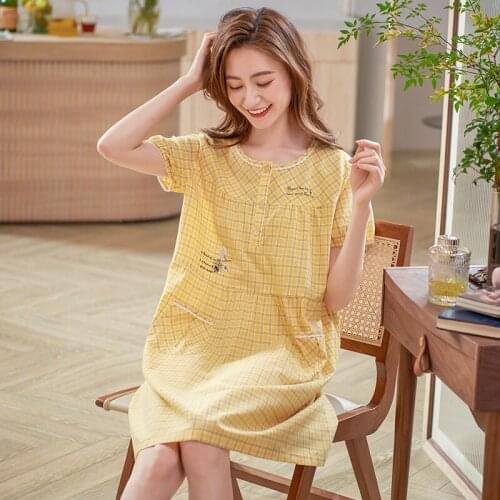 Big Yards Summer Womens Sleepwear Woven Cotton Sleep Shirts Short-Sleeve Plaid Nightgowns Home Wear Sleep Lounge Sleeping Dress
