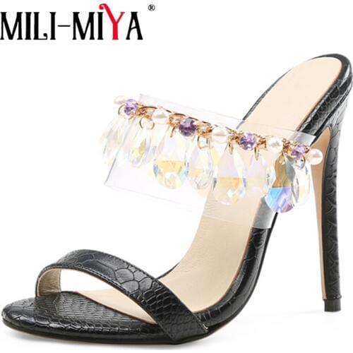 MILI-MIYA Fashion Women Sandals Sexy Crystal Super High Thin Heels Solid Black Handmade For Ladies Hot Sale Plus Size 34-45