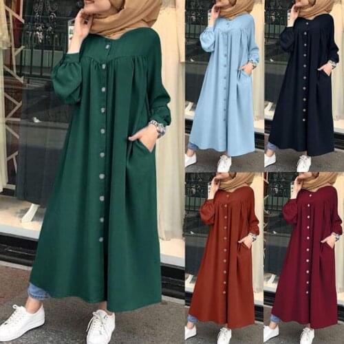 Muslim Dress 2021 Woman hijab Shirt Dress Long Sleeve Maxi Vestidos Female Button Robe femme musulman High Wasit Solid Sundress