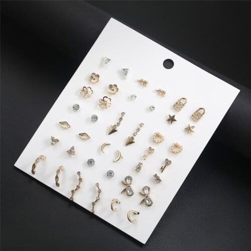30 Pairs Mixed Round Ball Metal Pearl Crystal Stud Earrings Set Fashion Jewelry E56A