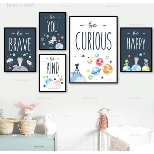 Cartoon Astronaut Planet Rocket Wall Art Nordic Posters and Prints Canvas Painting Wall Pictures for Boy Kids Room Decoration