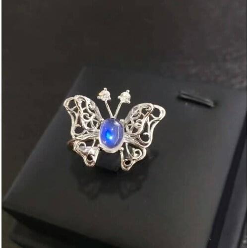 Natural blue moonstone gem Ring Natural gemstone ring S925 sterling silver trendy Elegant butterfly women girl party fineJewelry