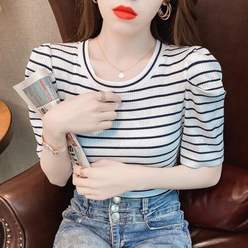 2021 New Women T-shirts Puff sleeve Tops Tee Summer Female stripe Short Sleeve T shirt For Women Clothing harajuku top