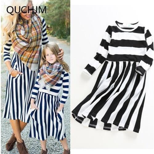 Family Matching Outfits Mom and Daughter Long Dress Family Style Black and white stripes dress Spring and autumn dress clothing