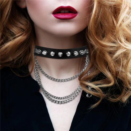 BONISKISS Women Multilayer Chain Necklaces Female Punk Rock Gothic Style Leather Spike Rivet Stud Collar Choker Necklace Jewelry