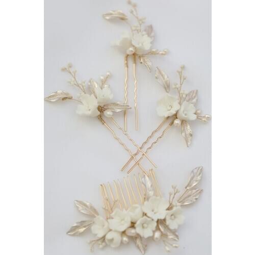 SLBRIDAL Handmade Freshwater Pearls Ceram Flower Bridal Hair Comb Hair Pin Set Wedding Headpieces Women Jewelry Hair Accessories