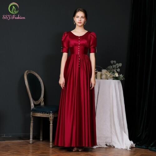 SSYFashion New Simple Satin Evening Dress for Women Wine Red Short Sleeve Floor-length Banquet Elegant Long Formal Prom Gowns