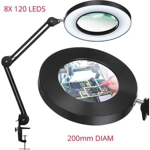2021 NEW 200MM Diam 120 LED 8X Magnifying Glass for Reading Soldering station phone with LED light stand Illuminated magnifier