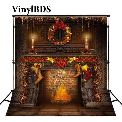 VinylBDS Christmas Backdrop Vintage Family Baby Backdrops Christmas Fireplace Backdrop Brick Wall Background for Photo Studio