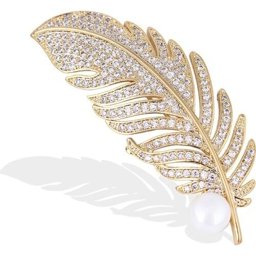 Pomlee American And European Atmospheric Diamond Feather Brooch Leaf Clothing Brooches For Women Bijoux Femme 2020