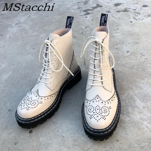 MStacchi 2020 Women Genuine Leather Ankle Boots For Woman Lace-Up Rund Toe Casual Winter Flats Footwear Chunky Heels Boots Mujer