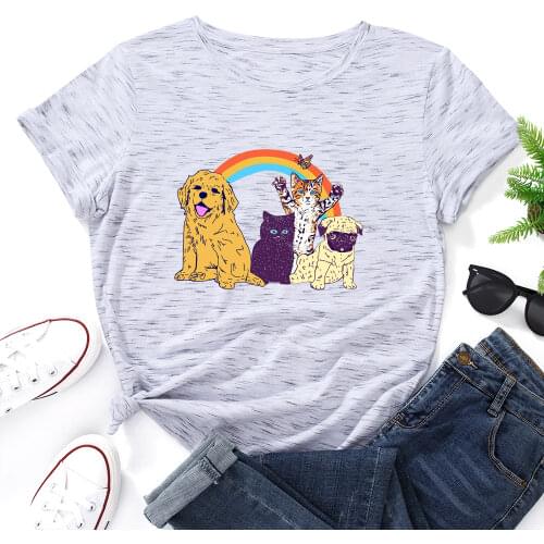 Women Short Sleeve Cotton T-Shirts Cute Dogs Cats Graphic Tees Summer Tee Tops for Female Loose Casual Oversized Tee Clothes